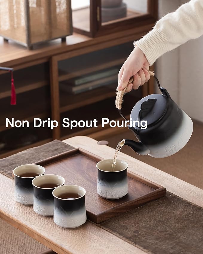 ZENS Vintage Japanese Tea Set, 33.8 oz Gradient Embossed Ceramic Japanese Teapot with Built-in Strainer for Tea Steeper, Hemp Rope Handle Loose Leaf Tea Pot with 4 Cups for Tea Party, Black & White