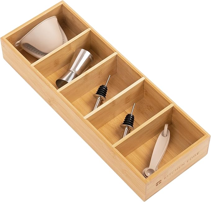 Premium Kitchen Utensils and Junk Drawer Organizer – Small 5-Compartment Design with 4 Removable Dividers, Non-Slip Feet, 100% Sustainable Bamboo