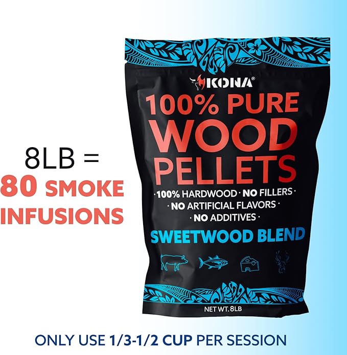 Kona Sweetwood Blend Wood Pellets - Concentrated, Pure, Old Growth Hardwood Grilling Pellets - for BBQ, Smoker Tubes, Grills - 8 lbs Sweet Thin Blue Smoke