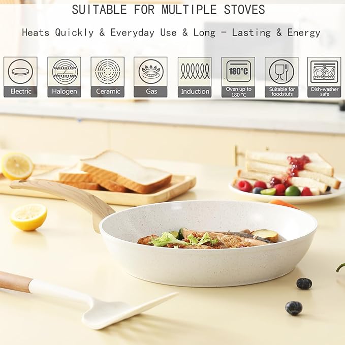 Non Stick Pots and Pans Set, Healthy Ceramic Cookware Set, 12pcs Kitchen Cooking Pots and Frying Sauce Saute Pans Set, PFAS-Free with Kitchen Utensils and Lid, Tan