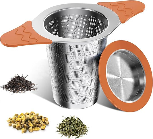 Tea Infuser for Loose Leaf Tea,18/8 Stainless Steel Tea Infuser with Heat Proof Silicone Handles,Extra Fine Mesh Tea Strainers Filter Fine Tea Leaves Effectively,Fits TeaPots/Mugs-Orange