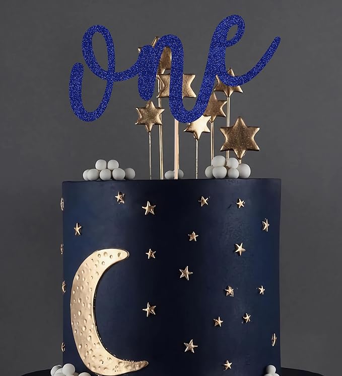 First Birthday Cake Topper - Blue Glitter One Cake Decorating Supplies for Girls and Boys, Perfect for Baby Shower/Gender Revealing Party/Baby Party Photo Booth Props