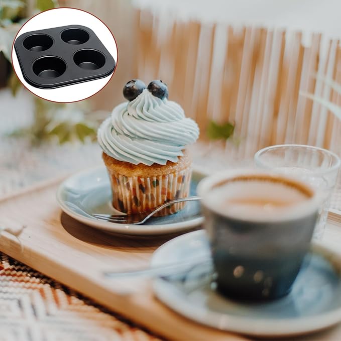4 Cup Muffin Pan, Bakeware Non-stick Cupcake Baking Pan Mini Pie Pans, Air Fryer Small Oven Cupcake Baking Pan Non Stick No Toxic Bakeware, Heavy Duty Carbon Steel Muffin Tray for Oven Baking (2PCS)
