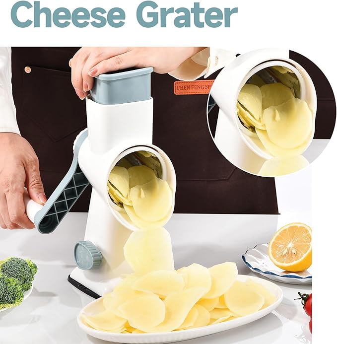 Rotary Cheese Grater Hand Crank Cheese Shredder Vegetable Mandoline Slicer for Kitchen 3 in 1 Changeable Blades for Cheese Potato Nuts Chocolate Ice (WhiteBlue)