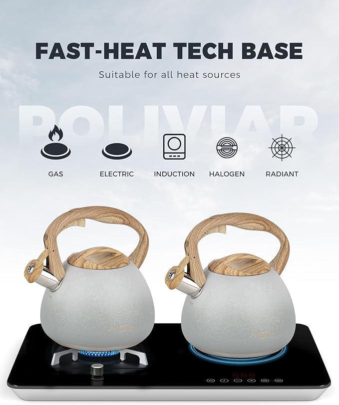 POLIVIAR Tea Kettle, 2.7 Quart Stovetop Tea Kettle, Audible Whistling Teapot with Crackle Finish, Food Grade Stainless Steel for Anti-Rust, Anti Hot Handle, Suitable for All Heat Sources (JX2023-LYW)