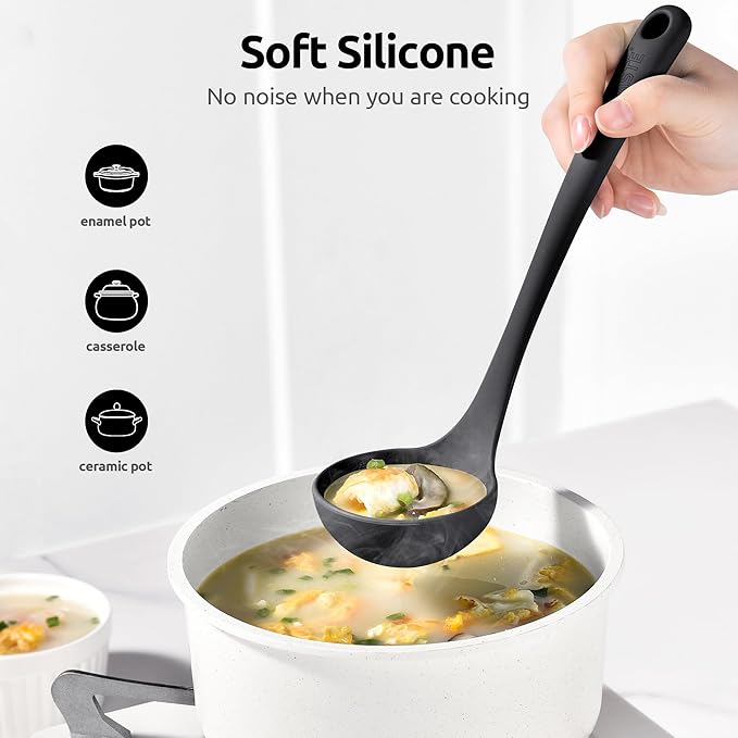 2.6oz Small Silicone Soup Ladle: U-Taste 600ºF Heat Resistant Non-Stick Kitchen Deep Serving Spoon, Soft Cooking Utensil with Non-Slip Solid Handle for Mixing Sauce Stew Gravy (11in, Black)