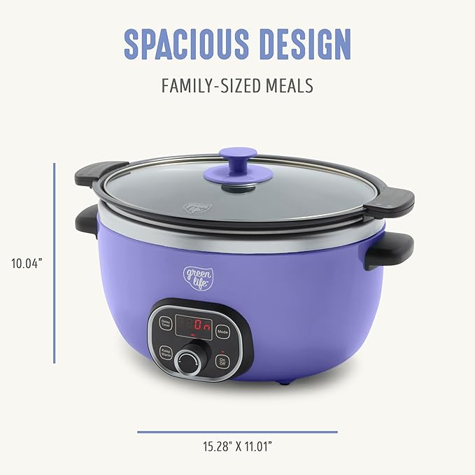 GreenLife 6 Quart Ceramic Slow Cooker, PFAS-Free, Programmable, Removable Healthy Nonstick Pot for Family Meals, Sear on Stovetop, Keep Warm, Digital Timer, Dishwasher Safe Glass Lid, Periwinkle