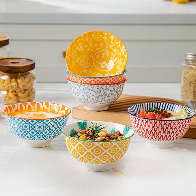 Ceramic Dessert Bowls Set - 12 Oz Small Cereal Bowls 4.75 Inch Ice Cream Bowl for Fruit, Snack, Side Dishes, Dipping Sauce - Microwave Dishwasher Safe - Set of 6 - Assorted Colors
