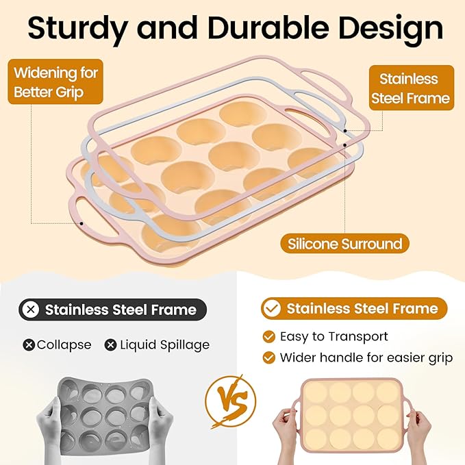 Silicone Muffin Pans for Baking 2 Pack, 2.6 Inch with Metal Reinforced Frame, Regular Size Nonstick Silicone Cupcake Pan for Baking Homemade Muffins, Cupcakes, Dishwasher Safe BPA Free-Yellow