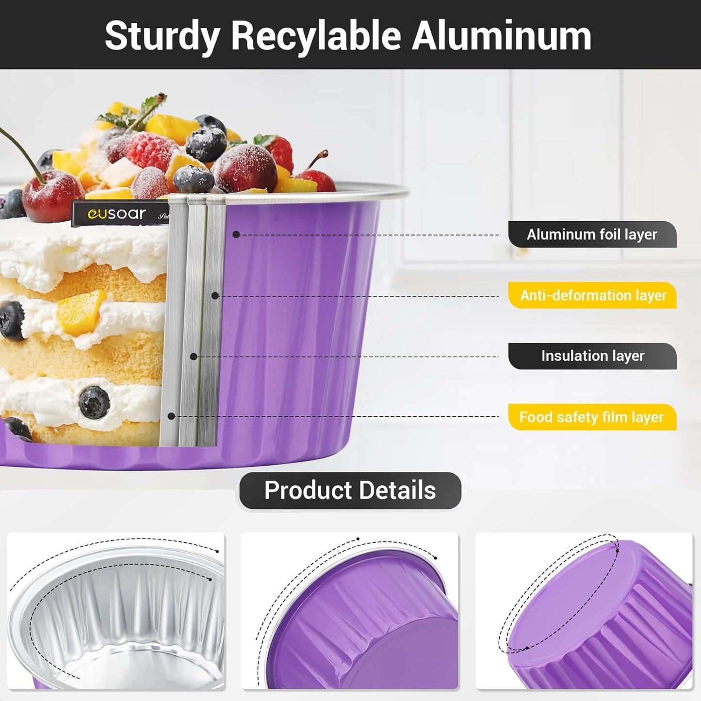 EUSOAR Mini Cake Pan, 30pcs 5oz Disposable Aluminum Foil Cupcake Liners Ramekins Baking Cups, Dessert Cups with Lids Mini Aluminum Cheesecake Pan Creme Brulee Ramekins-Lavender