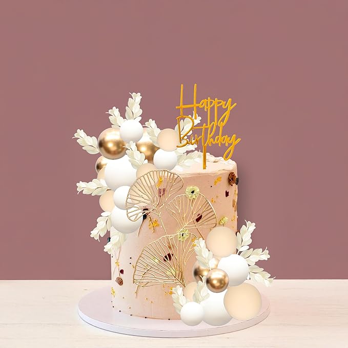 Gyufise 57Pcs Khaki Balls Cake Topper Boho Grass Cake topper Pearl Balls Acrylic Happy Birthday Cake Decorations for Wedding Baby Shower Birthday Boho Themed Party Supplies Khaki White Gold