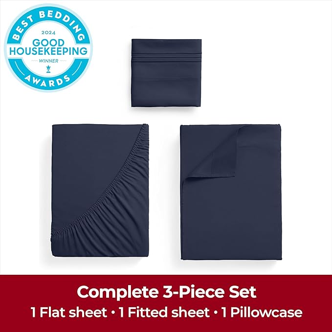 Mellanni Twin Sheets Set - 3 PC Iconic Collection Bedding - Hotel Luxury, Extra Soft, Cooling Bed Sheets - Wrinkle, Fade, Stain Resistant (Twin, Navy Blue)