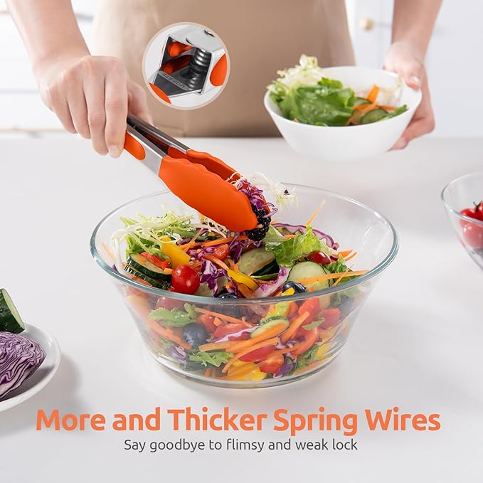 600ºF Heat Resistant Kitchen Tong: U-Taste 7 inch Silicone Cooking Tong with Firm Sealed Non Stick Rubber Tips & Silicon Coated 18/8 Stainless Steel Handle & Smooth Locking for Serving Salad (Orange)