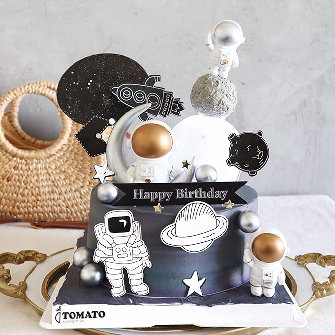 Cake Topper for Kids Astronaut Space Birthday Cake Decoration, 3D Soft Light Moon Outer Space Cake Topper for Party Supply, LED Moon Planet Birthday Cake Decoration