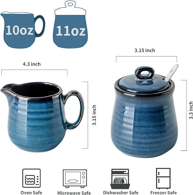 Glowworm Porcelain Sugar and Creamer Set, 11 Ounce Sugar Container, 10 Ounce Cream Pitcher, Farmhouse Coffee Sets for Serving, Dishwasher Safe, Blue
