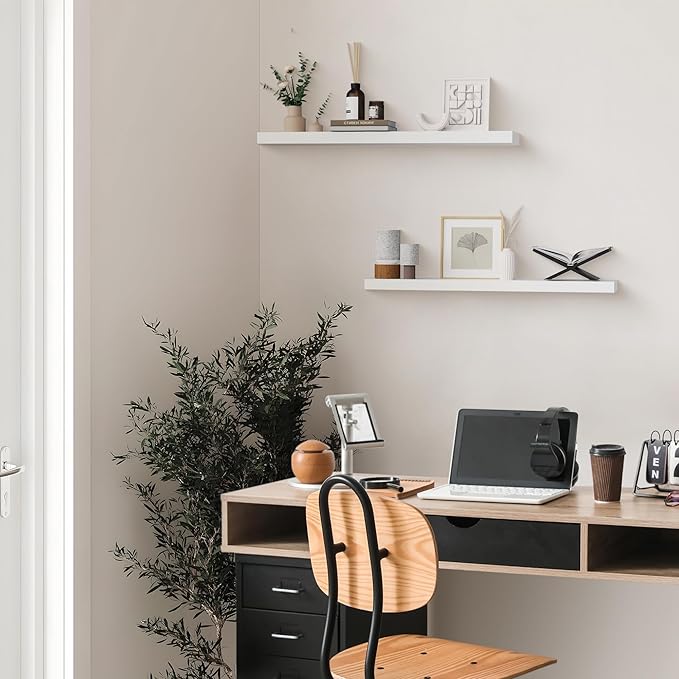 Colima Floating Shelves for Wall White Wood Shelf for Bedroom, 36 Inch Wall Mounted Floating Shelves for Bathroom Living Room Kitchen Office, 1.3" Thick Floating Book Shelves for Wall, Set of 2