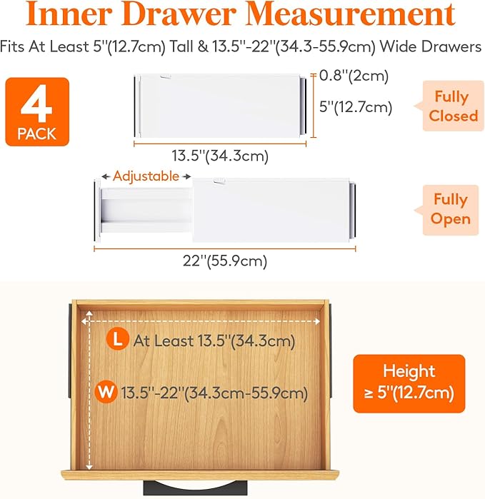 Lifewit 4 Pack Drawer Dividers Plastic 5" High, 13.5-22" Adjustable Drawer Organizers for Clothes, Expandable Dresser Separators in Bedroom/Bathroom/Kitchen/Fridge/Office Organization and Storage