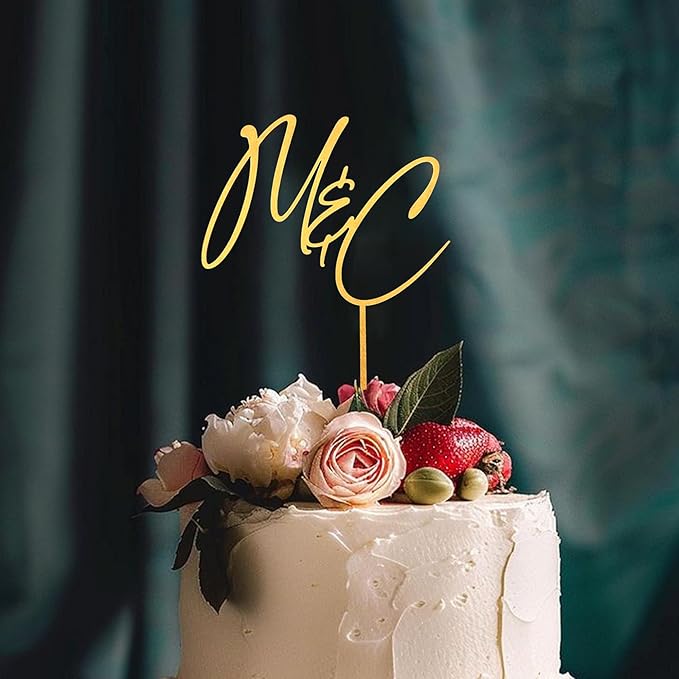 Personalized Wedding Cake Topper, Gold Cake Topper For Wedding, Rustic Weddings Cakes Topper, Personalized Acrylic or Wood Cake Decoration for Engagement, Anniversary, Bridal Shower 4