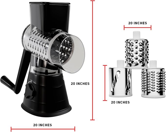 Rotary Cheese Grater Hand Crank - Counter Top 3 Blade Manual Cheese Shredder with Reinforced Suction, 3 Interchangeable Drums, Easy to Use Vegetable Chopper, Round Mandoline Slicer, Black