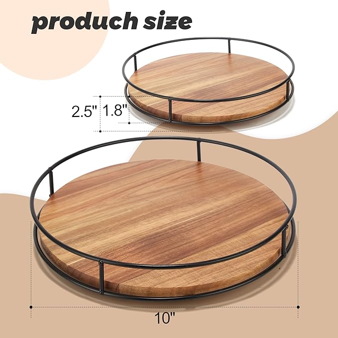 10" Acacia Wood Lazy Susan Turntable, Tomoaza Kitchen Organizer Turntable with Steel Sides, 360 Degree Lazy Susan for Countertop Cabinet or Dining Table (Black)