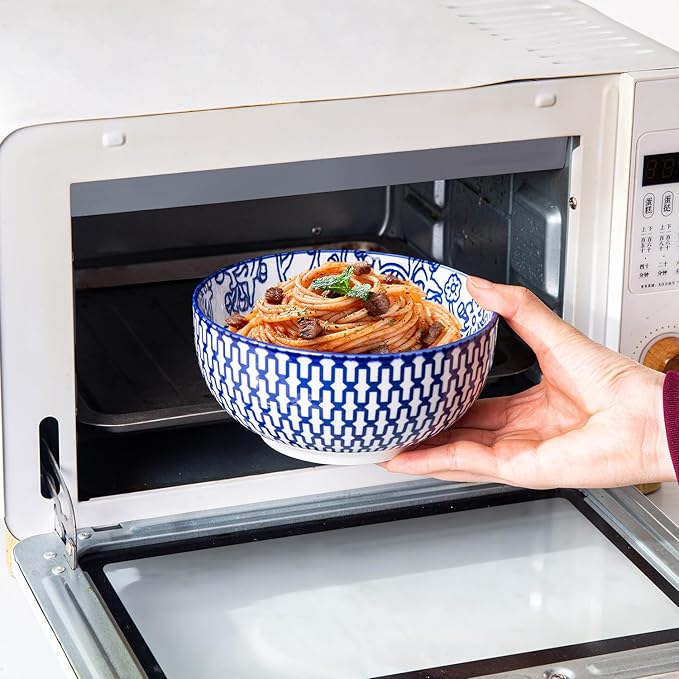 Ceramic Soup Bowls Set - 23 Oz Deep Cereal Bowl for kitchen - 6 Inch Porcelain Salad Bowl for Pasta, Dessert, Ramen - Microwave Dishwasher Safe - Set of 6 - Vintage Blue
