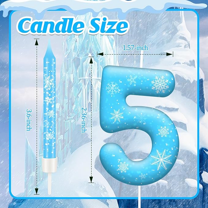 13PCS White and Blue Frozen Themed Party Birthday Candles Set - Blue Number Candles Snowflake Themed Decorations, Girls Party Supplies(Number 5)