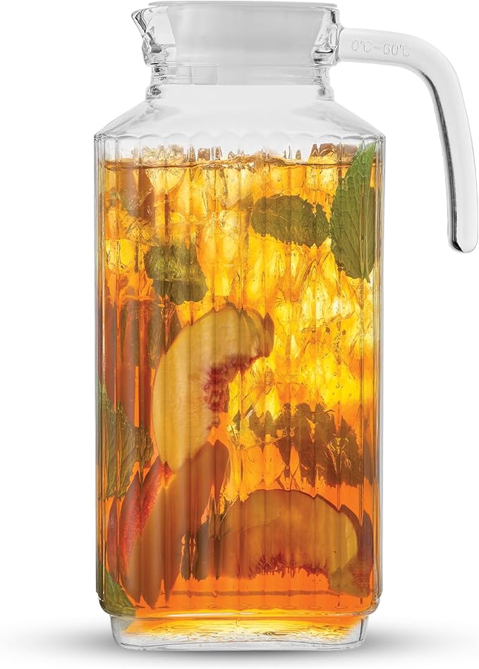 JoyJolt 60oz Glass Pitcher with Lid (2 Lids) - Beverage Serveware and Storage Container for Cold Drinks and Liquids. Juice Container, Water Jug, Fridge Pitcher for Iced Tea or Milk