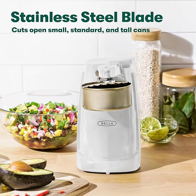BELLA Electric Can Opener and Knife Sharpener, Multifunctional Jar and Bottle Opener with Removable Cutting Lever and Cord Storage, Stainless Steel Blade, White