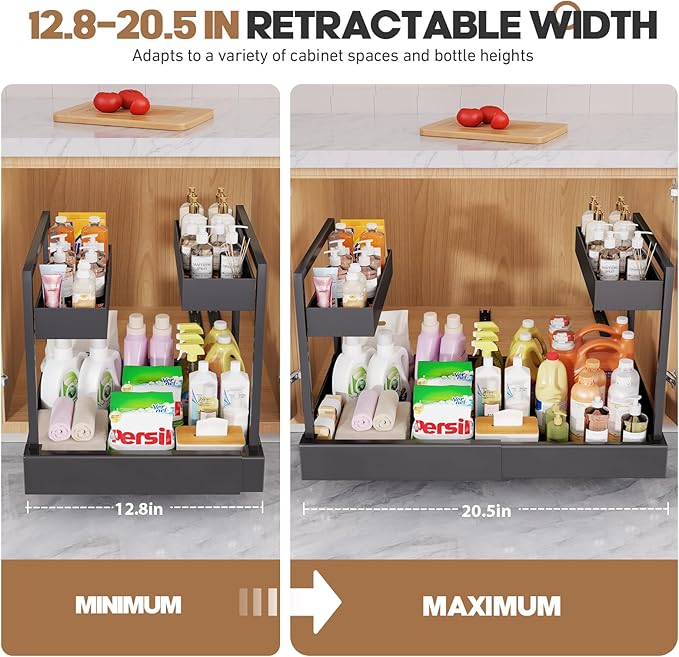 Expandable Under Sink Organizer with 3 Ball-Bearing Slide Rails , 2-Tier Pull-Out Under Cabinet Storage Shelf for Kitchen & Bathroom , Height-Adjustable Slide-Out Cabinet Drawer （Black, 1-Pack）