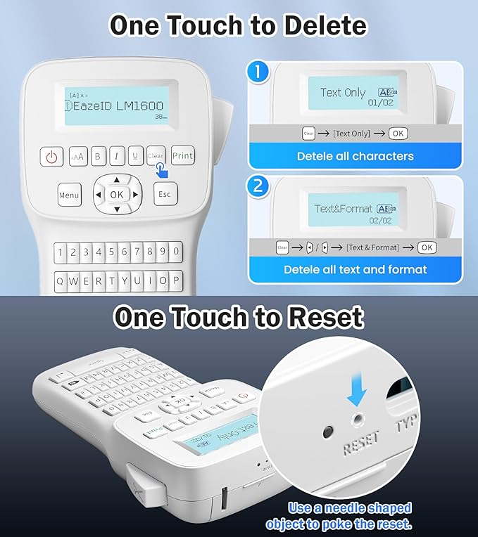 Portable Label Maker Machine with Tapes LM1600, Label Maker with QWERTY Keyboard, Rechargeable Handheld Labeler with Backlighting LCD Screen for Office School Use