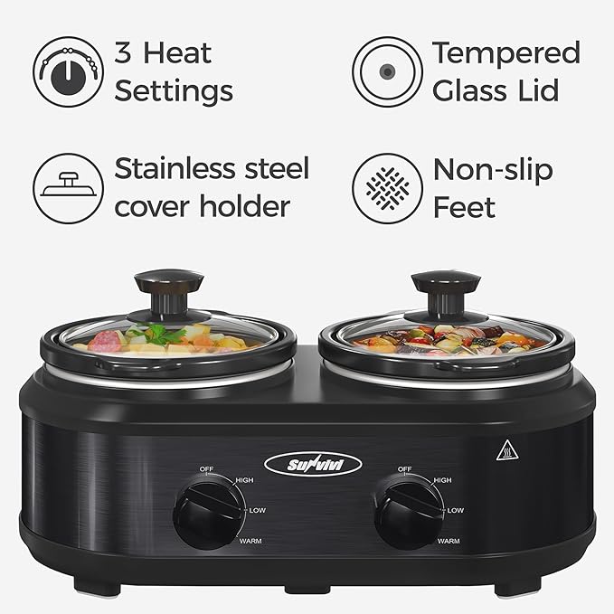Sunvivi Double Slow Cooker,2 Pot Small Mini Crock Buffet Servers and Warmer,Dual Pot Oval Manual Slow Cooker with Adjustable Temp Removable Ceramic Pot,Stainless Steel, Total 2 * 1.25 Quarts Black