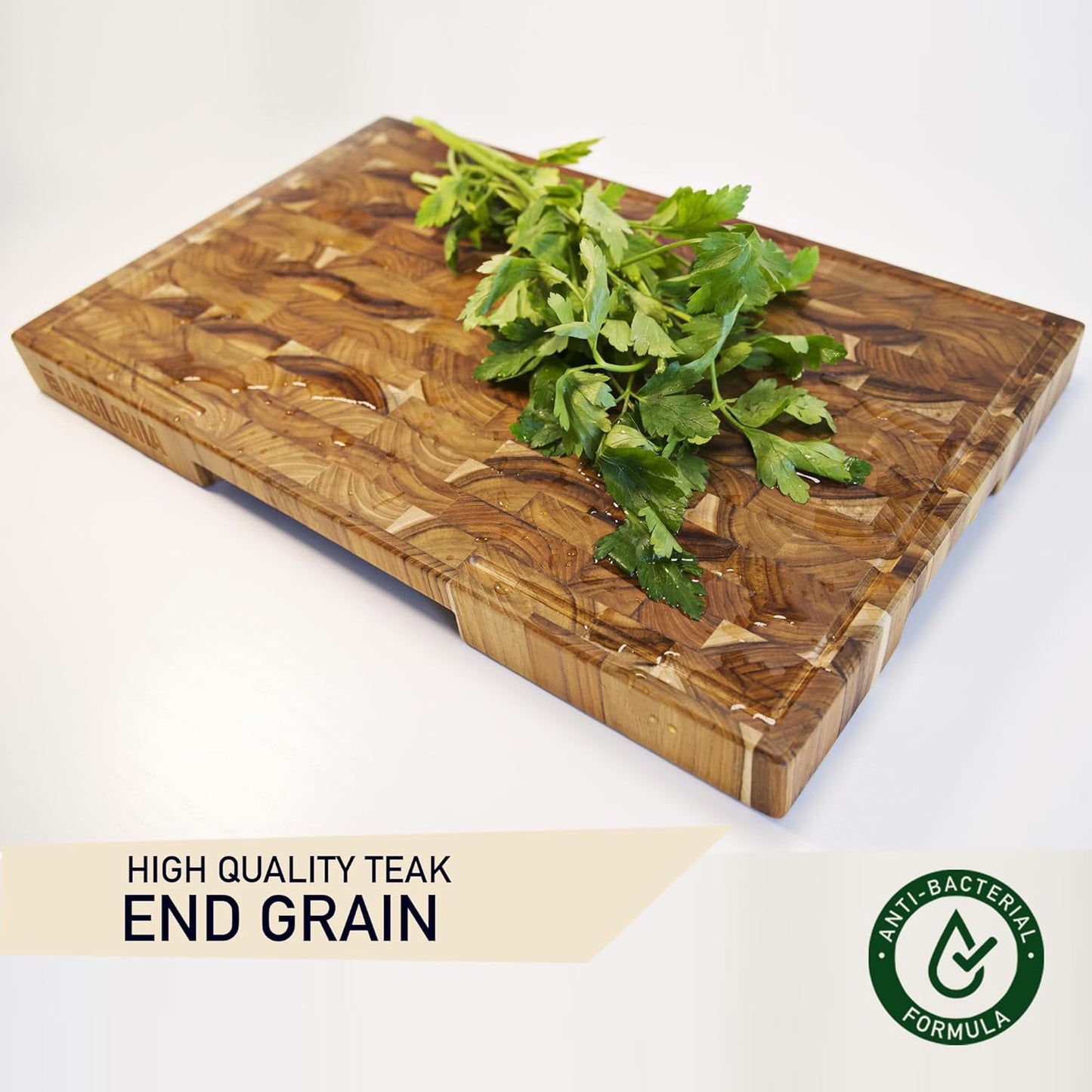 Teak Cutting Boards for Kitchen (ExtraThick 1.7"). Premium Quality Butcher Block, Charcuterie Board. Heavy Duty End Grain Wood Chopping Board 15.7"L x 10.2"W with Handle (Oil bottle & Plate included)