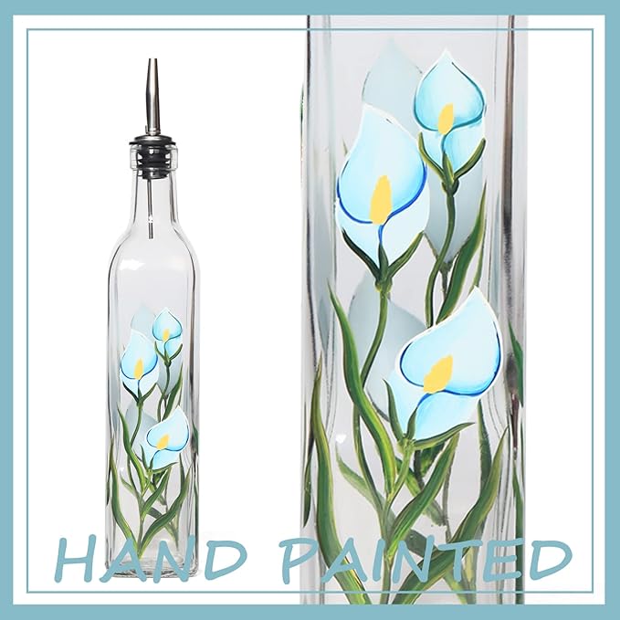 17oz Hand Painted Glass Olive Oil Bottle - 500ml Green Oil & Vinegar Cruet with Pourers - Olive Oil Carafe Decanter for Kitchen (Morning glory)