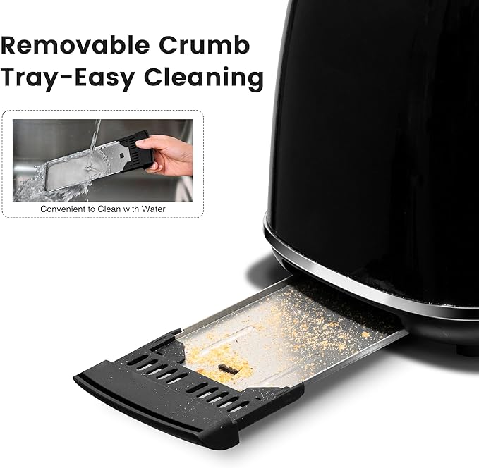 2 Slice Toaster Retro Stainless Steel with Bagel, Cancel, and Defrost Functions, 6 Bread Shade Settings, Extra Wide Slots and Removable Crumb Tray, Black