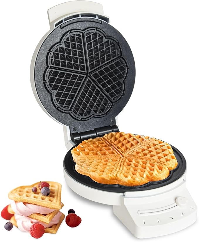 Electric Heart-shape Waffle Maker: 5-Temp Control & Fast Heating - White Round Shape with Non-Stick Scratch-Resistant Coating for Belgian Waffles （Single-plate）