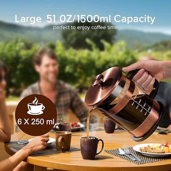 QUQIYSO French Press Coffee Maker 51oz 304 Stainless Steel French Press with 4 Filter, Heat Resistant Durable, Easy to Clean, Borosilicate Glass Coffee Press, Copper