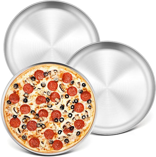 P&P CHEF 10 Inch Pizza Pan, 3 Pieces Stainless Steel Round Pizza Tray Dish Plate For Oven Baking Roasting, Healthy & Heavy Duty, Rust Free & Dishwasher Safe -Silver
