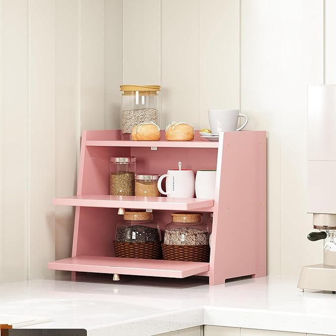 Vintage Double Layer Bread Box for Kitchen Counter Bamboo Bread Storage Container Large Capacity Bread Storage Bin (Pink)