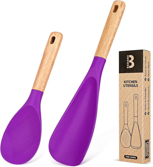 Cooking Spoon and Rice Scooper for Nonstick Cookwares, Great for Cooking and Serving Sturdy BPA-Free Matte Silicone, Wood Handle Spoon for Mixing, Scoop, and Scrape (BERRY)