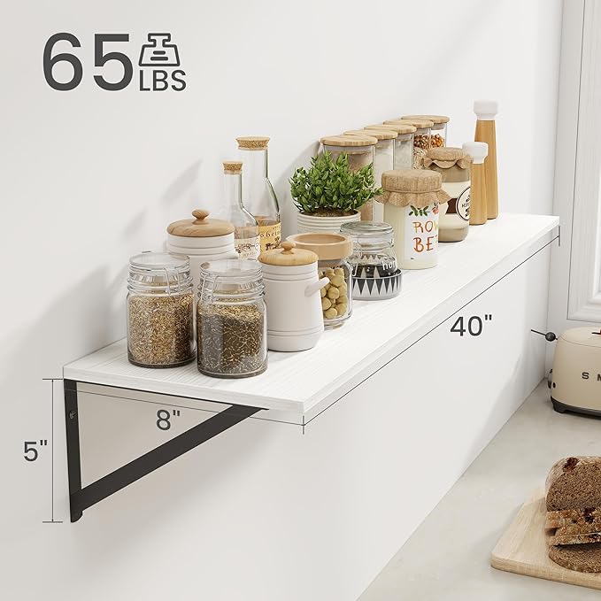 Heimlove White Deep Floating Shelves for Wall, 40W x 8D Wood Wall Shelves Set of 2, Wide Floating Bookshelf for Living Room, Kitchen, Office, Bedroom and Decor Storage, with Black Bracket - White