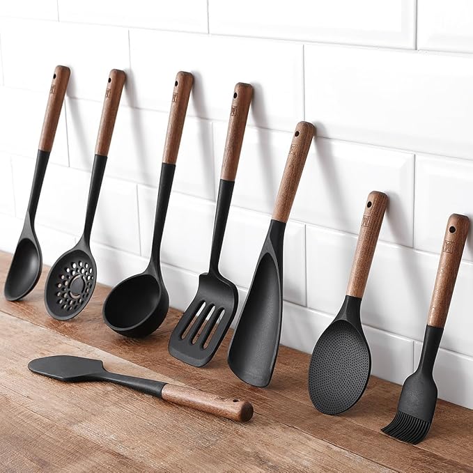 Silicone Cooking & Serving Spoon: Multi-Purpose Cooking Tool for Basting Serving Scooping Scraping Mixing Basting, Non-stick Cookware Safe, Wooden Handle Design