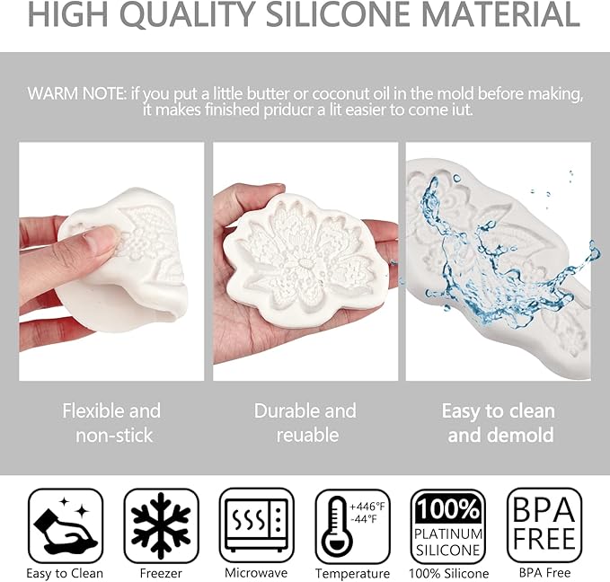 Lace Fondant Molds 4 Pcs, Peonies Embroidery Chocolate Cake Border Decorating Molds, Candy Sugar Craft Baking Tools, Cupcake Toppers Flower Paste Cookies Marzipan Mousse Butter Clay Epoxy