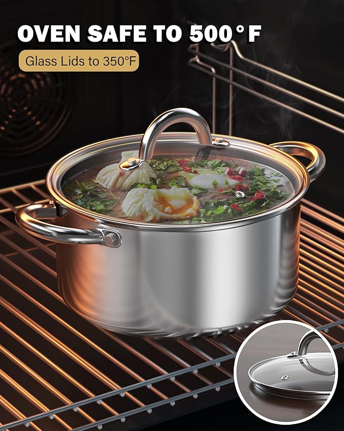 Cook N Home Sauce Pot Stainless Steel Stockpot with Glass Lid, Basic Saucier Casserole Pan Set, 6 Piece Set