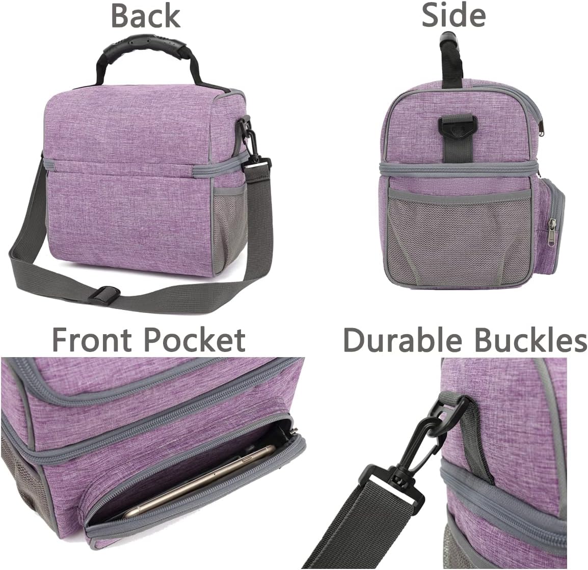 FlowFly Double Layer Cooler Insulated Lunch Bag Adult Lunch Box Large Tote Bag for Men, Women, With Adjustable Strap,Front Pocket and Dual Large Mesh Side Pockets