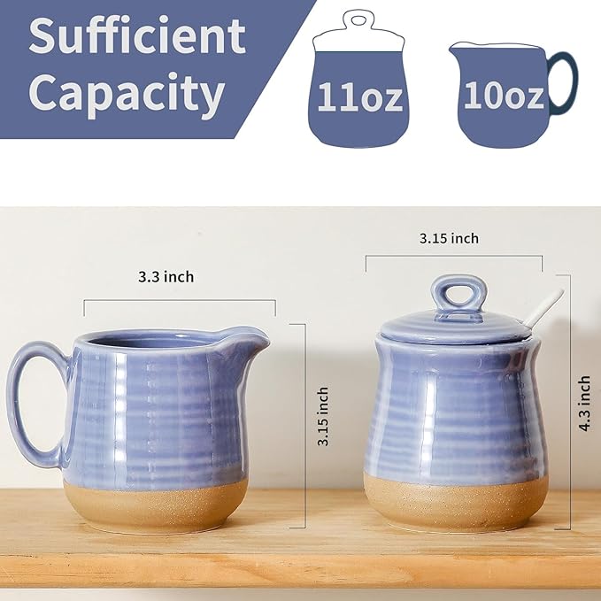 Hasense Sugar and Creamer Set with Lid Spoon, Porcelain Cream Container and Sugar Bowls Set for Countertop, Vintage Coffee Serving Set, Sugar Holder and Creamer Pitcher Set for Home Decor, Sky Blue