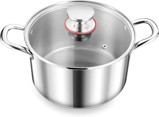 Herogo 4 Quart Stock Pot, 18/10 Stainless Steel Cooking Pot with Lid, Tri-Ply Pasta Stockpot with Handles, 4 QT Stockpot for Induction Gas Electric Stove, Dishwasher Safe