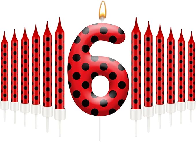13PCS Ladybug Theme Birthday Candles Set - Red & Black Polka Dot Decorative Candles for Kids Ladybug Themed Parties, Baby Showers, Birthday Cakes, and Ladybird Inspired Celebrations(Number 6)