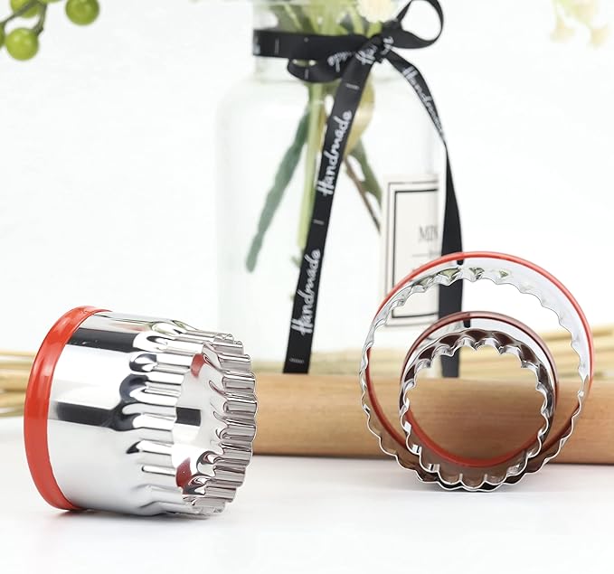 3Pcs Fluted Round Cookie Cutters - 2" & 2.6" & 3", Heavy Duty Food-Grade Stainless Steel, Mini Biscuit Cutter, Unique Design with Protective Red Top PVC