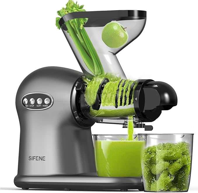SiFENE Cold Press Juicer, 3” Wide Dual Chute Whole Slow Masticating Juicer Machine with Anti Clog Function for Celery Wheatgrass, Fruit and Vegetable Juice Extractor, Non-BPA, Easy to Clean