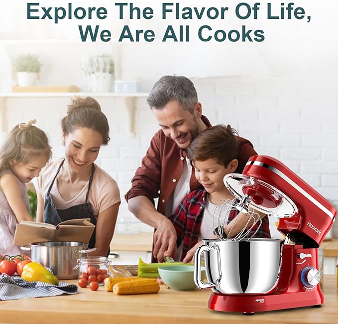 HOWORK Electric Stand Mixer,10+p Speeds With 6.5QT Stainless Steel Bowl,Dough Hook, Wire Whip & Beater,for Most Home Cooks,Bright Red